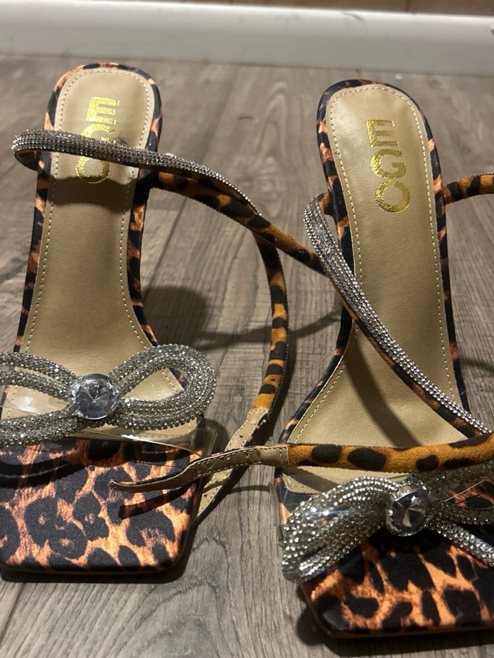 EGO Leopard Print Rhinestone Bow Strappy Heels - Brown/Black